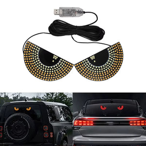 LENZIE LED animated eyes car warning light showing dynamic devil eye design on rear windshield for anti-tailgating safety.