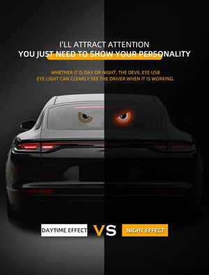 LENZIE LED animated eyes lamp for car rear windshield, featuring devil eye design and interactive warning light for rearview safety