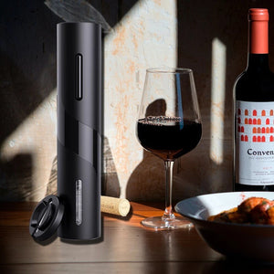 LENZIE electric wine bottle opener set with corkscrew and foil cutter, sleek design for effortless wine opening.