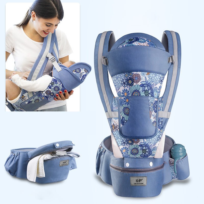 Lenzie ergonomic baby carrier with padded straps and adjustable waistband, designed for comfortable babywearing.