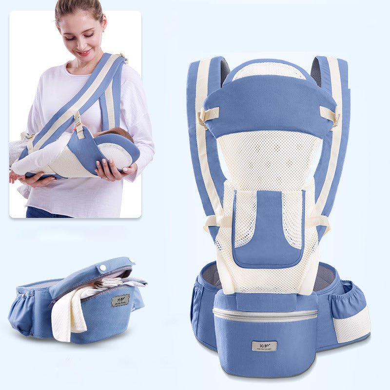 Baby wearing in LENZIE ergonomic baby carrier with padded straps and adjustable waistband, designed for comfortable front and back carry.