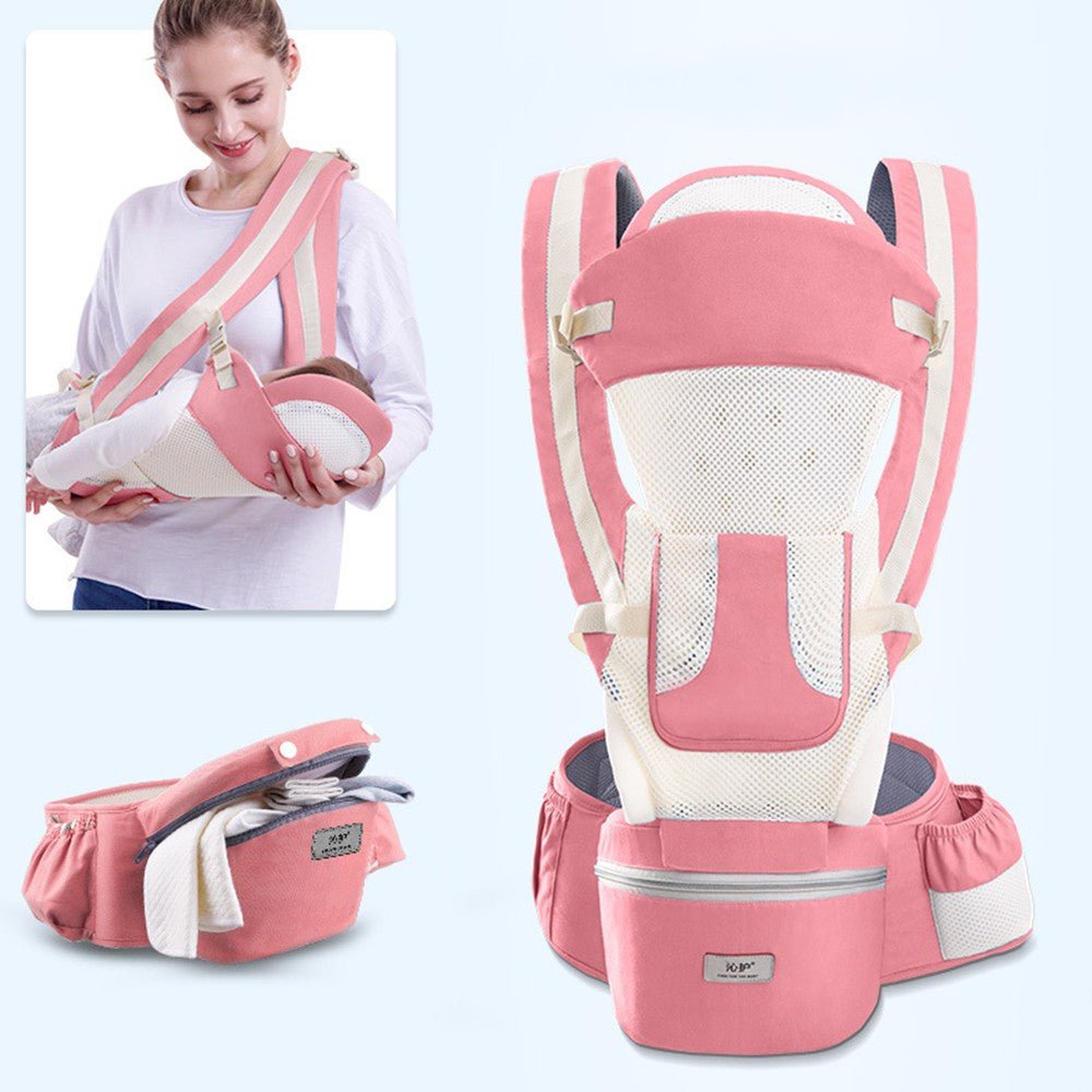 LENZIE ergonomic baby carrier with padded straps and adjustable waistband, designed for comfortable babywearing.