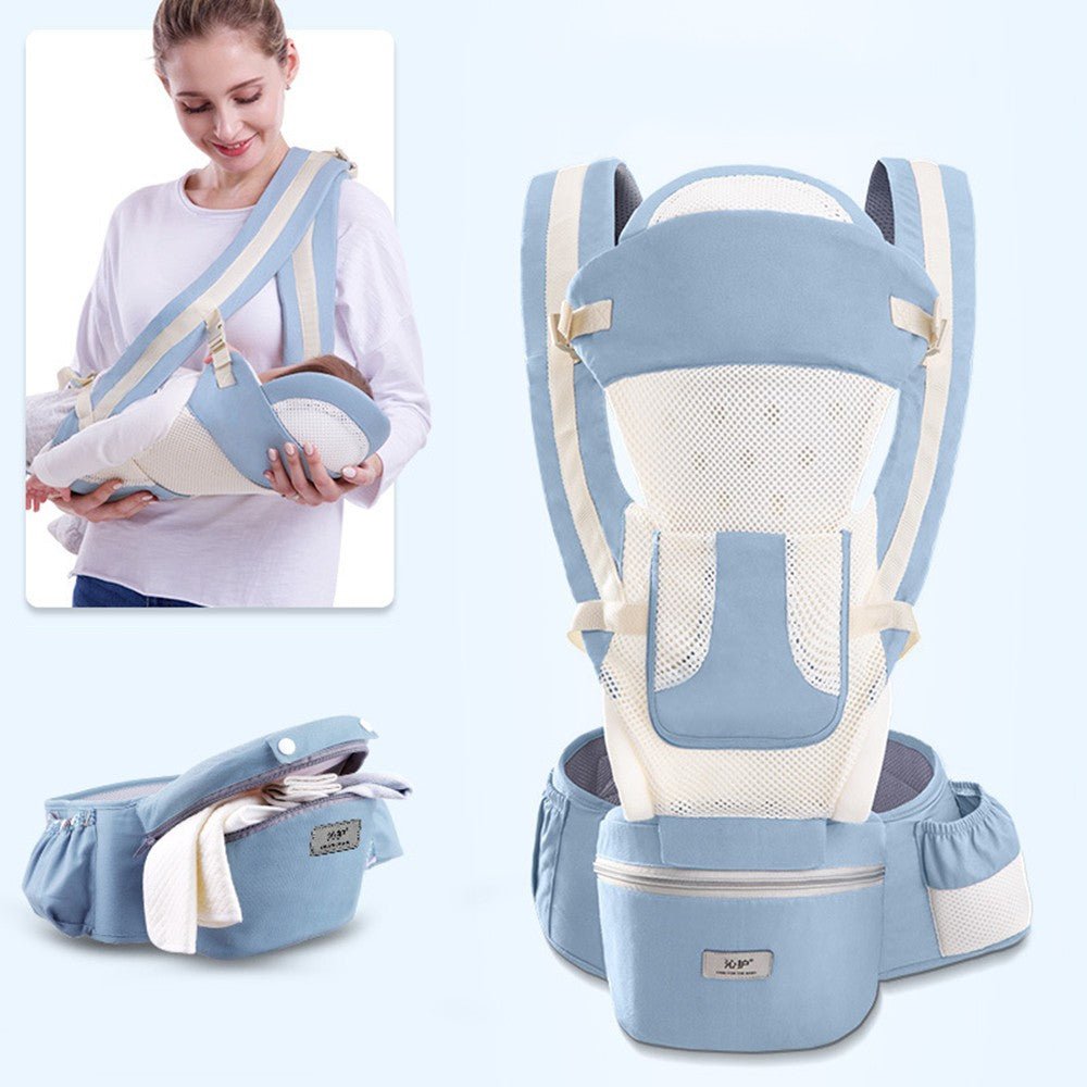 LENZIE ergonomic baby carrier with padded straps and adjustable waist, designed for comfortable carrying of infants.