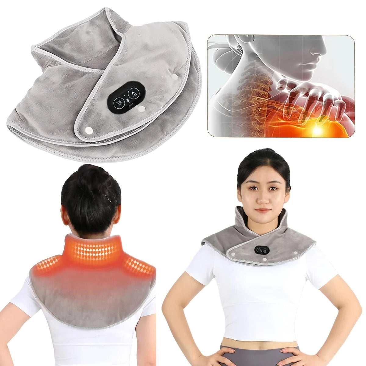 LENZIE electric heating shoulder and neck pad, soft and adjustable for pain relief and warmth.
