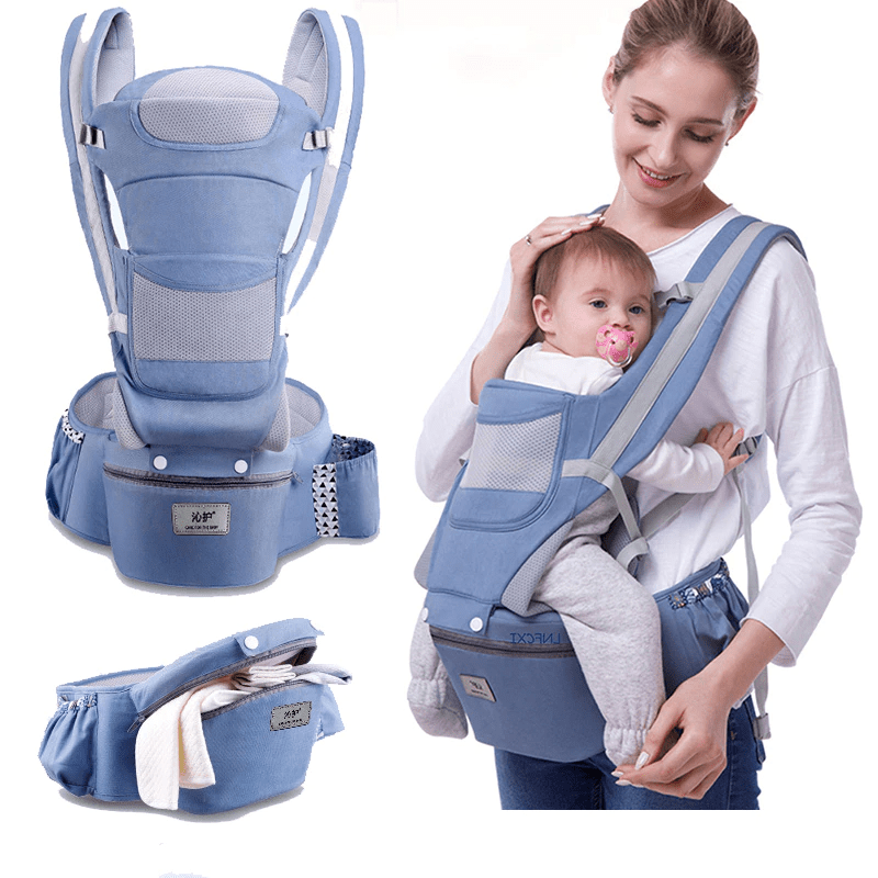 Lenzie ergonomic baby carrier with padded straps and supportive design for comfortable front and back carrying of infants.