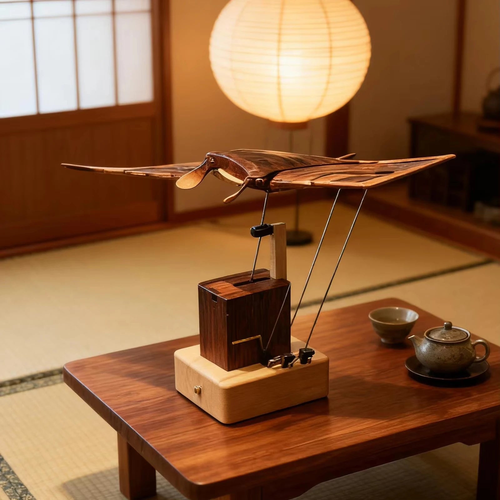 Handmade wooden manta ray sculpture by LENZIE, showcasing detailed craftsmanship and smooth, natural wood finish.