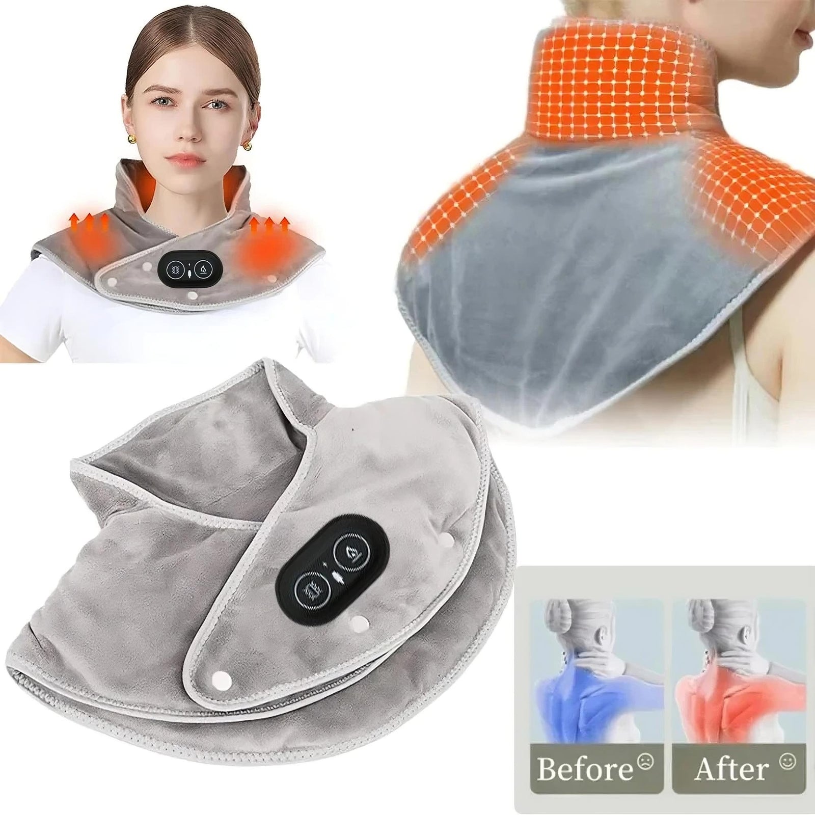 LENZIE electric heating shoulder and neck pad, soft and adjustable for pain relief and warmth.