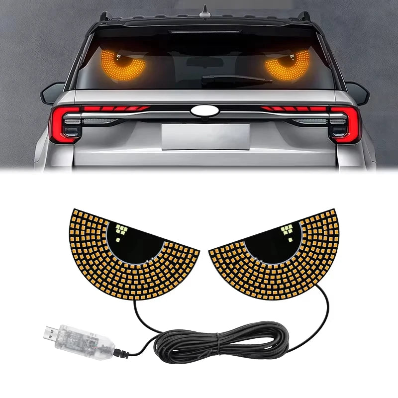 LENZIE LED animated eyes lamp for car rear windshield with devil eye design, warning light, and interactive rearview mirror features.