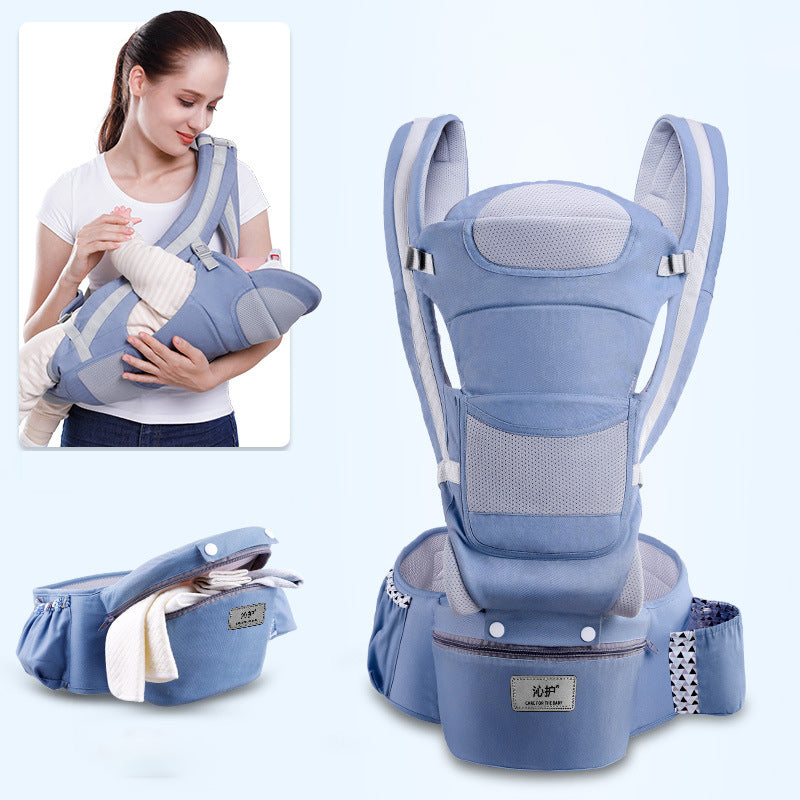 LENZIE ergonomic baby carrier with padded straps and adjustable waist for comfortable front and back babywearing.