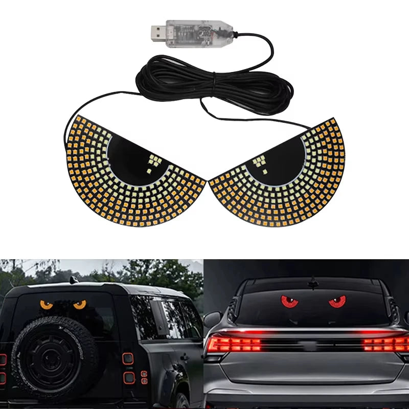 LENZIE LED animated eyes car warning light showing dynamic devil eye design on rear windshield for anti-tailgating safety.