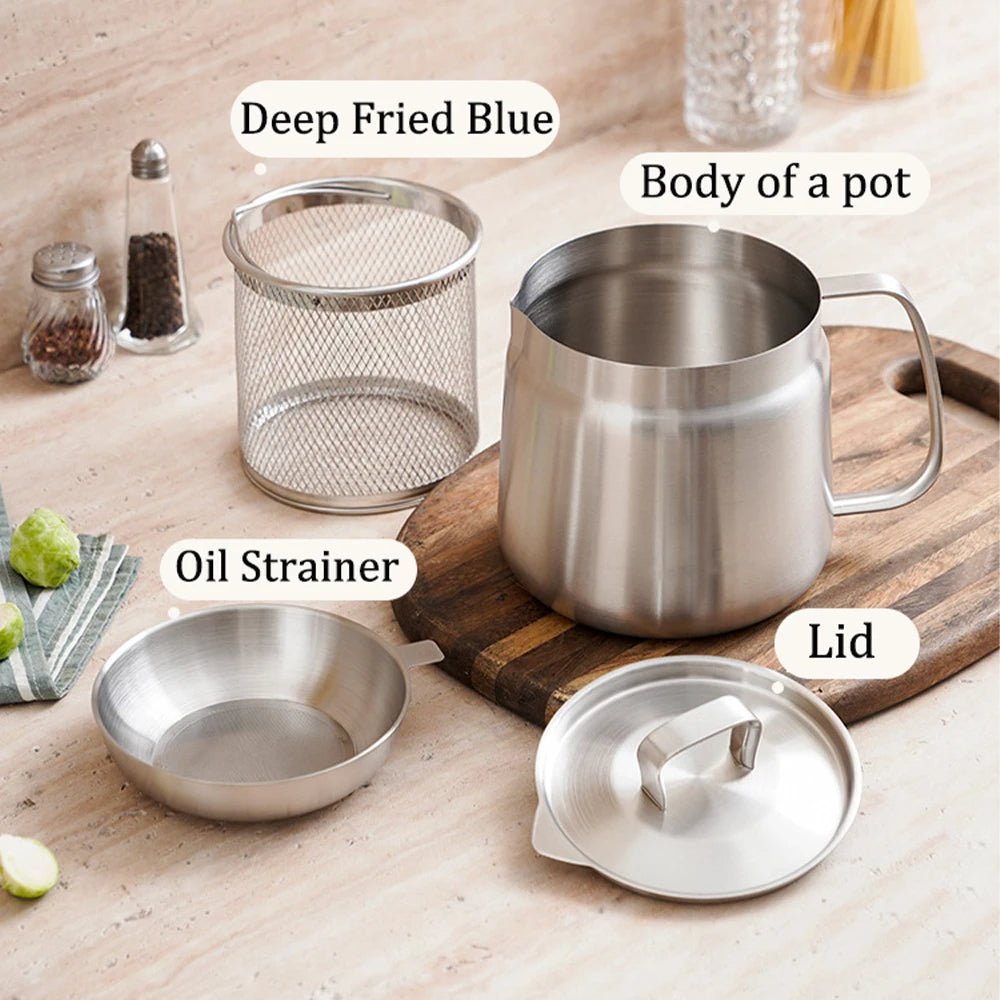 Lenzie frying pot with handle, stainless steel cooking vessel for frying and sautéing on stovetop.