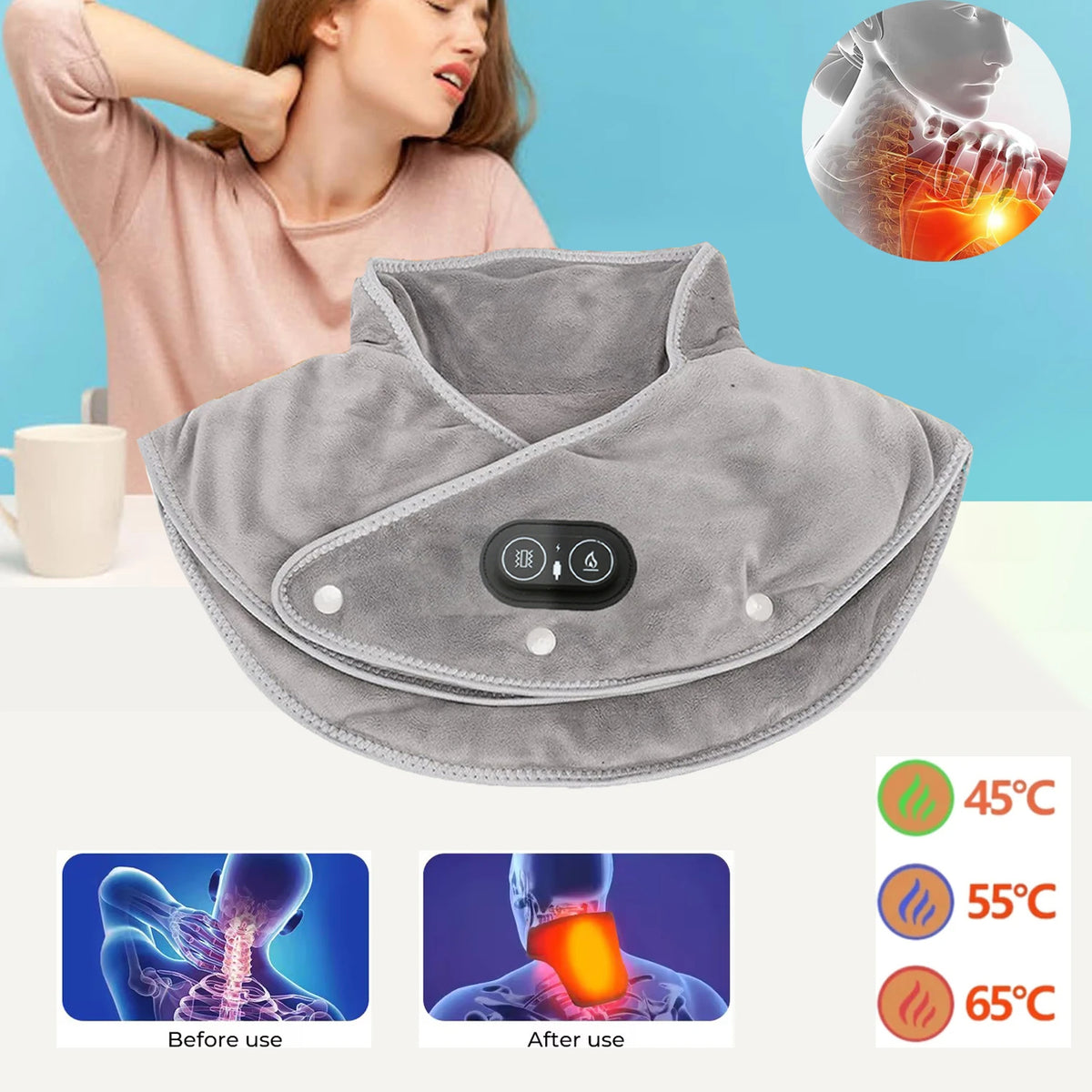 LENZIE electric heating shoulder and neck pad, soft and adjustable for targeted warmth and pain relief.