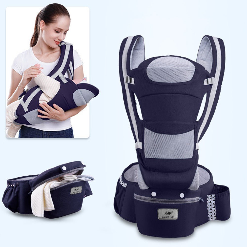 LENZIE ergonomic baby carrier with padded straps and adjustable waistband, designed for comfortable babywearing.