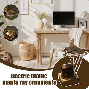 Handmade wooden manta ray sculpture by LENZIE displayed on a white background, showcasing intricate carved details and smooth finish.