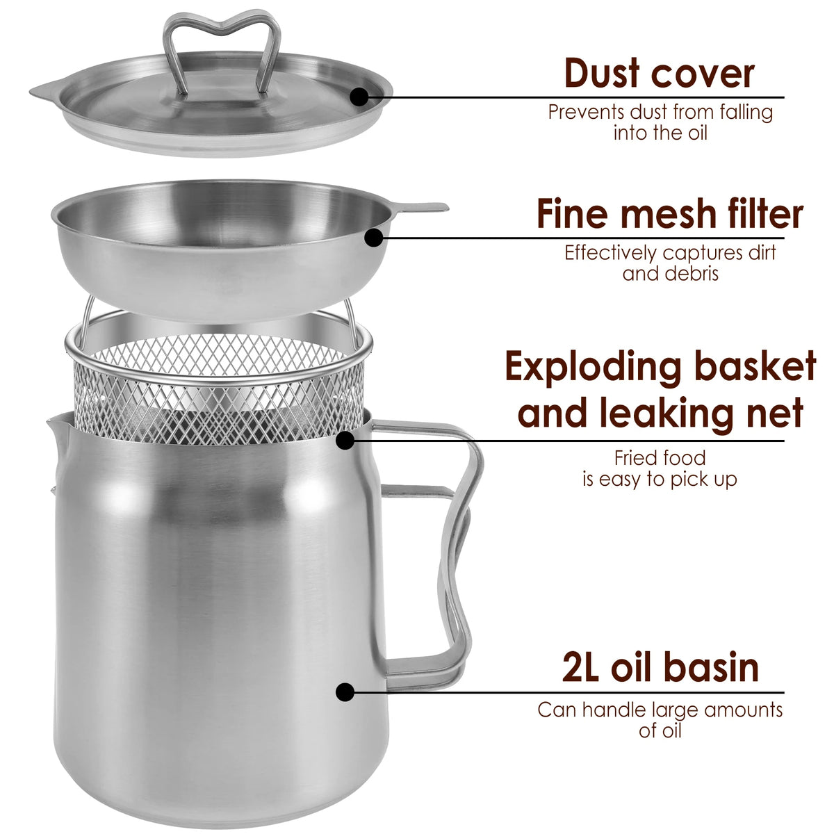 LENZIE frying pot with a stainless steel handle, shown with a non-stick coating inside for even cooking and easy cleaning.
