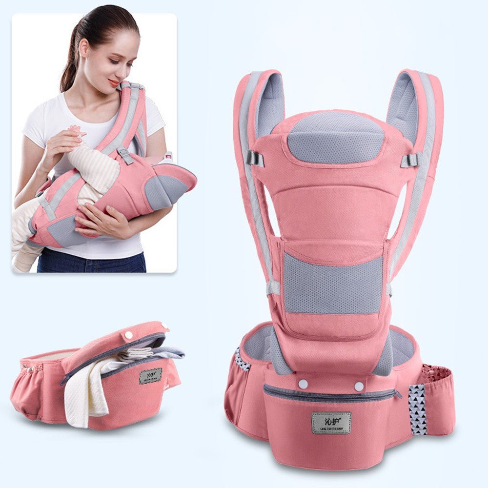 Lenzie ergonomic baby carrier with adjustable straps and padded support, designed for comfortable front and back carrying.