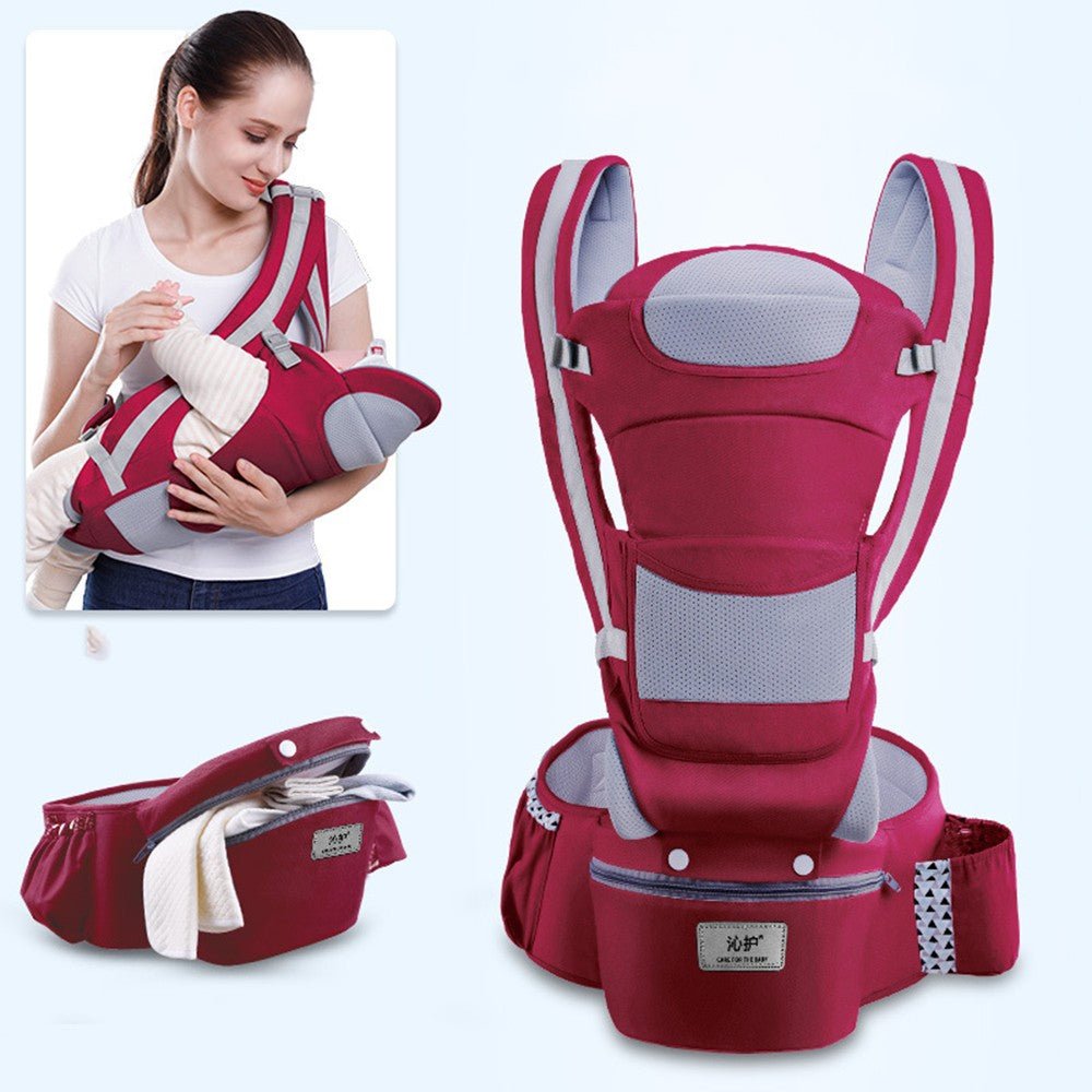 LENZIE ergonomic baby carrier with padded straps and adjustable design for comfortable front and back carrying.