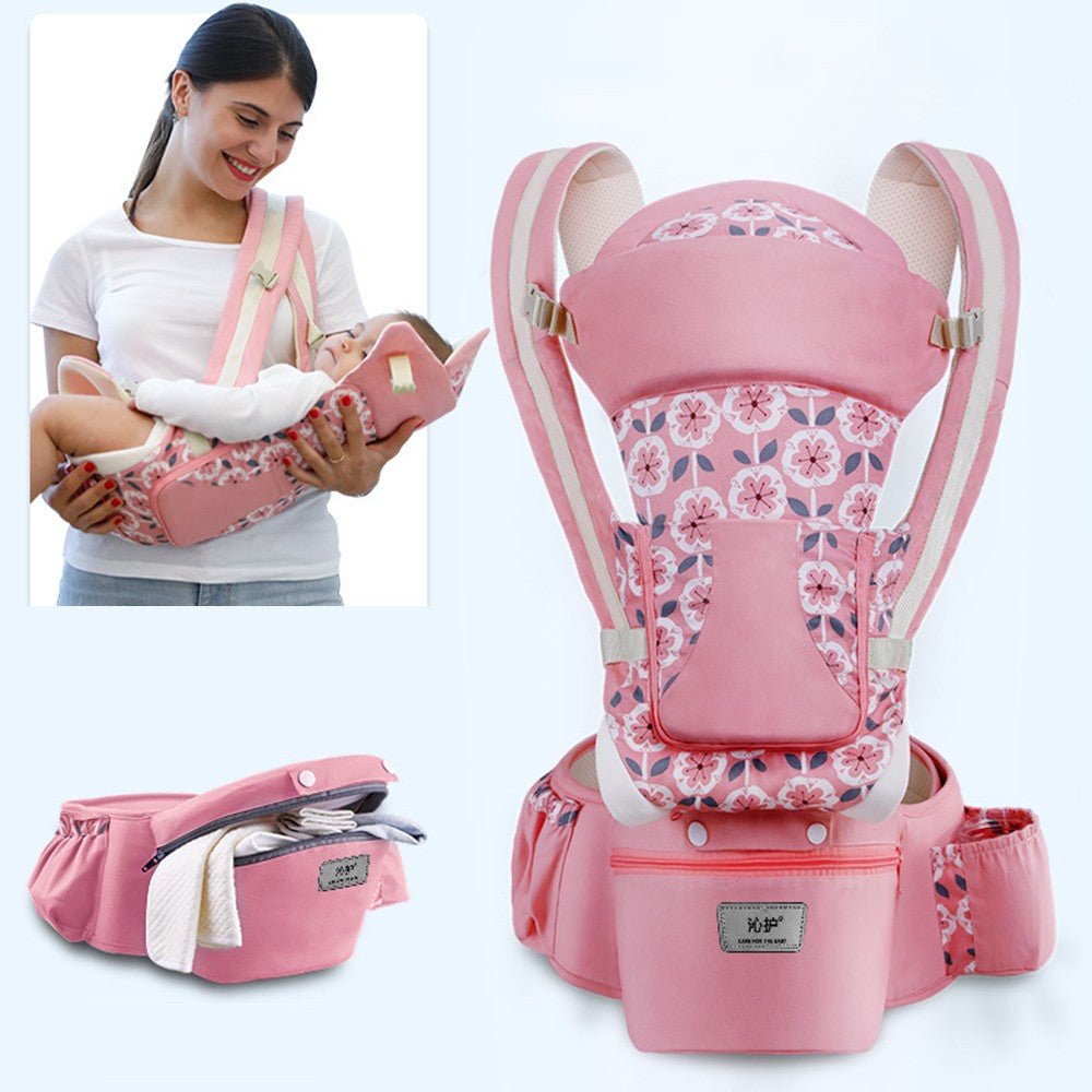 LENZIE ergonomic baby carrier showing adjustable straps and padded support for comfortable babywearing.